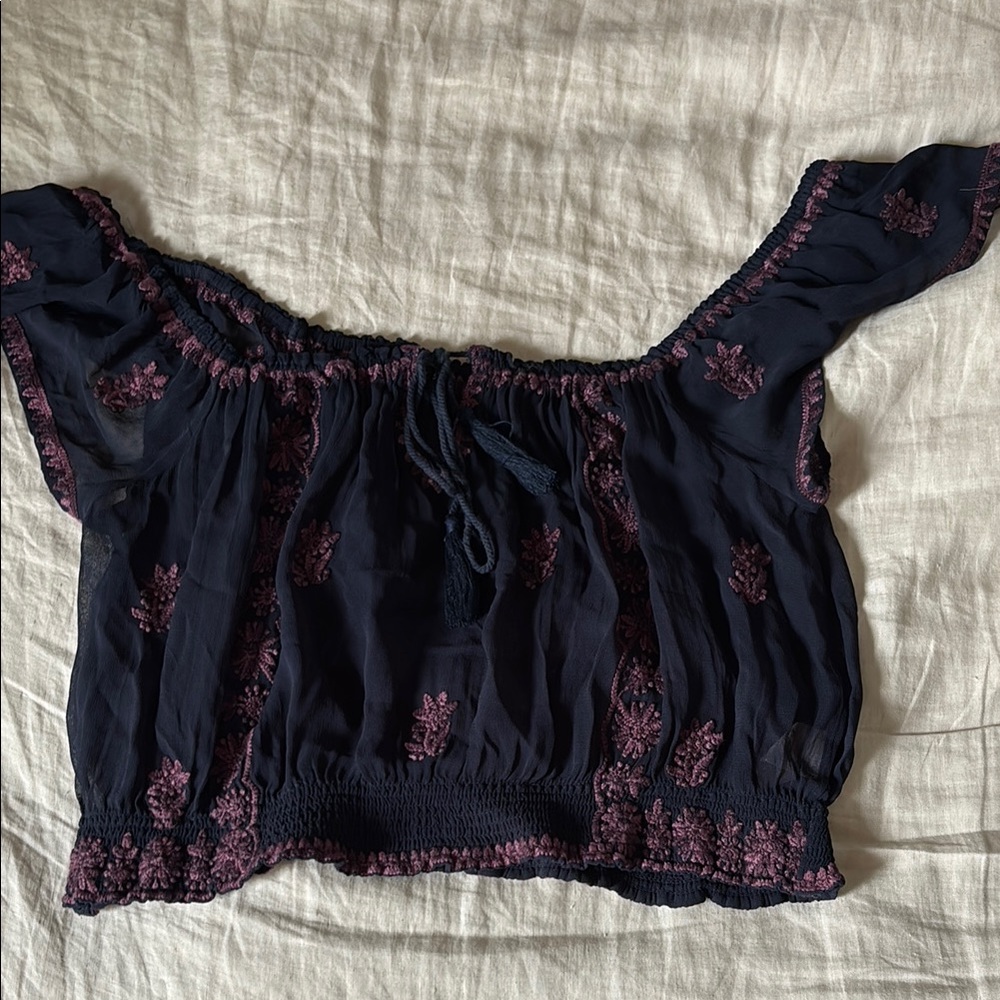 Free People Embroidered Off-Shoulder Navy Top